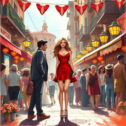 A romantic poster illustrating a stunning girl in a short red dress amidst a bustling Italian city during a vibrant street festival