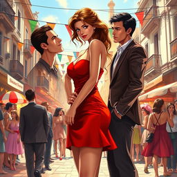 A romantic poster illustrating a stunning girl in a short red dress amidst a bustling Italian city during a vibrant street festival