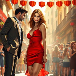 A romantic poster showcasing a stunning girl in a short red dress, set against the backdrop of a lively Italian city during a festive street celebration