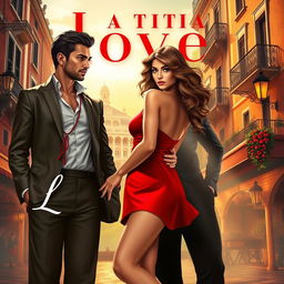 A romantic book cover showcasing a beautiful girl in a short red dress, set against an enchanting Italian city backdrop bathed in warm sunlight