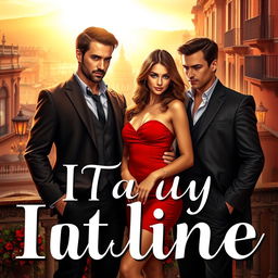 A romantic book cover showcasing a beautiful girl in a short red dress, set against an enchanting Italian city backdrop bathed in warm sunlight