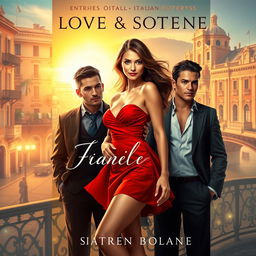 A romantic book cover showcasing a beautiful girl in a short red dress, set against an enchanting Italian city backdrop bathed in warm sunlight