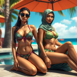 A scene featuring two characters wearing a skimpy two-piece bikini and a bikini with a hijab, inspired by Islamic vibes