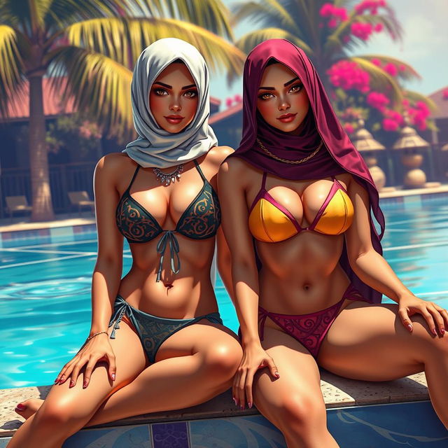 A scene featuring two characters wearing a skimpy two-piece bikini and a bikini with a hijab, inspired by Islamic vibes