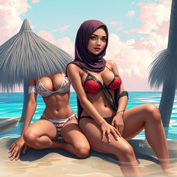 A scene featuring two characters wearing a skimpy two-piece bikini and a bikini with a hijab, inspired by Islamic vibes