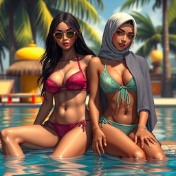 A scene featuring two characters wearing a skimpy two-piece bikini and a bikini with a hijab, inspired by Islamic vibes