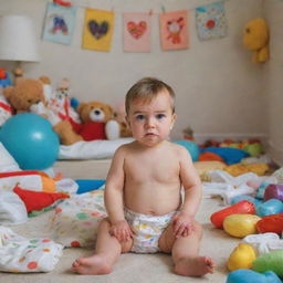 A young boy in his colorful, toy-filled room, looking embarrassed while wearing diapers.