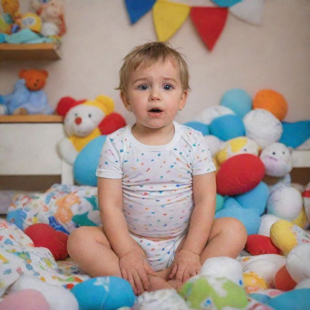 A young boy in his colorful, toy-filled room, looking embarrassed while wearing diapers.