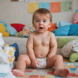 A young boy in his colorful, toy-filled room, looking embarrassed while wearing diapers.