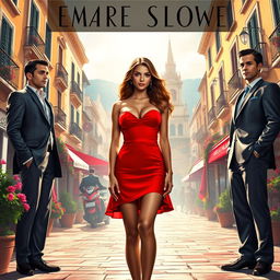 A captivating book cover depicting a beautiful girl in a short red dress, standing confidently in an enchanting Italian city under bright sunlight