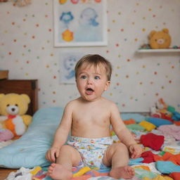 A young boy in his colorful, toy-filled room, looking embarrassed while wearing diapers.