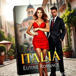 A striking book cover featuring a young woman in a short red dress, confidently standing in a charming Italian city under bright sunlight