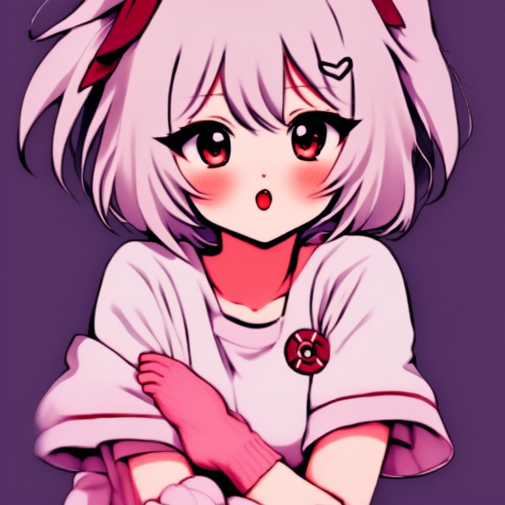 Anime girl profile picture with a funny expression, cute outfit, and fluffy white border.