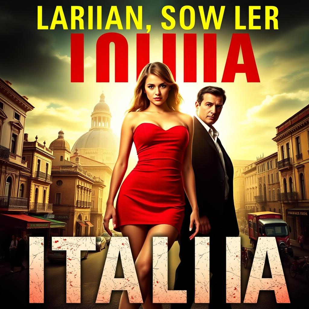 A thrilling book cover featuring a captivating girl in a short red dress, poised in a stunning Italian city illuminated by bright sunlight