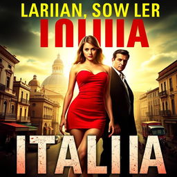 A thrilling book cover featuring a captivating girl in a short red dress, poised in a stunning Italian city illuminated by bright sunlight