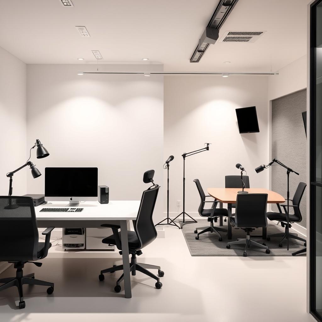 A modern digital marketing production office with a flat, open layout featuring two workstations, each equipped with minimalist desks and ergonomic chairs designed for optimal efficiency