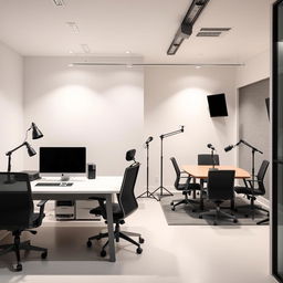 A modern digital marketing production office with a flat, open layout featuring two workstations, each equipped with minimalist desks and ergonomic chairs designed for optimal efficiency