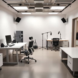 A modern digital marketing production office with a flat, open layout featuring two workstations, each equipped with minimalist desks and ergonomic chairs designed for optimal efficiency