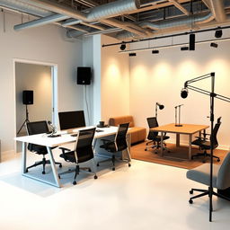 A modern digital marketing production office with a flat, open layout featuring two workstations, each equipped with minimalist desks and ergonomic chairs designed for optimal efficiency