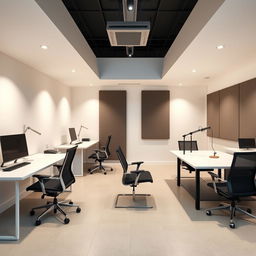 A modern digital marketing production office with a flat, open layout featuring two workstations, each equipped with minimalist desks and ergonomic chairs designed for optimal efficiency