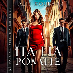 A thrilling book cover featuring a striking girl in a short red dress, exuding confidence in a sunlit Italian city