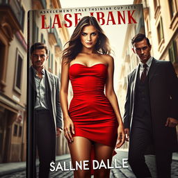 A thrilling book cover featuring a striking girl in a short red dress, exuding confidence in a sunlit Italian city