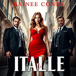 A thrilling book cover featuring a striking girl in a short red dress, exuding confidence in a sunlit Italian city