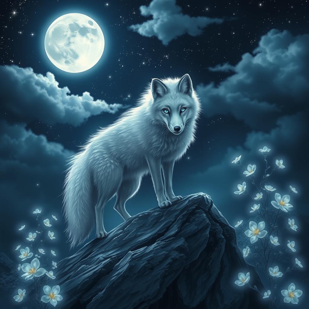 A mystical and ethereal scene featuring a beautiful silver fox with luminous blue eyes, standing gracefully on a rocky outcrop under a full moon