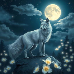 A mystical and ethereal scene featuring a beautiful silver fox with luminous blue eyes, standing gracefully on a rocky outcrop under a full moon