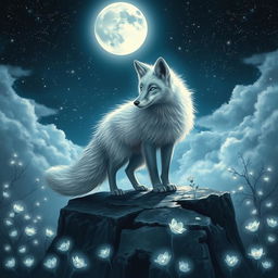 A mystical and ethereal scene featuring a beautiful silver fox with luminous blue eyes, standing gracefully on a rocky outcrop under a full moon