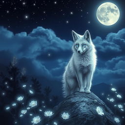 A mystical and ethereal scene featuring a beautiful silver fox with luminous blue eyes, standing gracefully on a rocky outcrop under a full moon