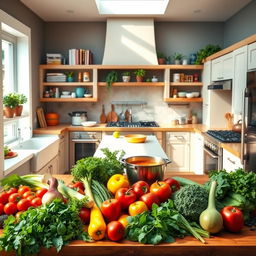 A vibrant and colorful kitchen scene, filled with fresh vegetables, herbs, and fruits arranged beautifully on a wooden countertop