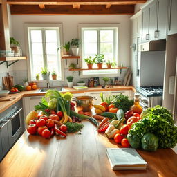 A vibrant and colorful kitchen scene, filled with fresh vegetables, herbs, and fruits arranged beautifully on a wooden countertop