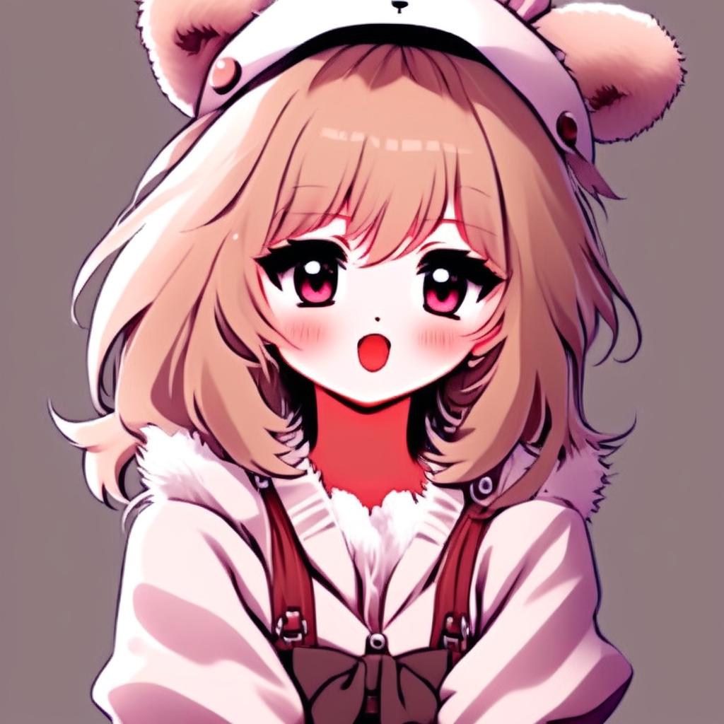 Anime girl profile picture with a funny expression, cute outfit, and fluffy white border.