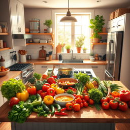 A vibrant and colorful kitchen scene, filled with fresh vegetables, herbs, and fruits arranged beautifully on a wooden countertop