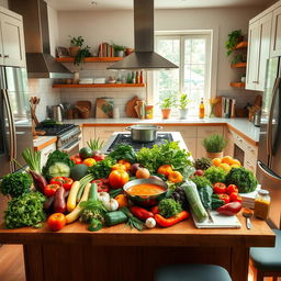 A vibrant and colorful kitchen scene, filled with fresh vegetables, herbs, and fruits arranged beautifully on a wooden countertop