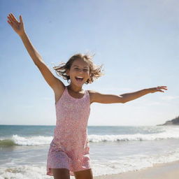 A 10-year old girl expressing joy and excitement on a sunny beach, playing with the surf against a backdrop of clear coastal skies.