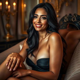 A captivating and sensuous scene of a confident and alluring Latina woman in her thirties, showcasing her toned physique, seated in a luxurious, intimate setting