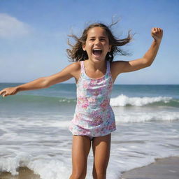 A 10-year old girl expressing joy and excitement on a sunny beach, playing with the surf against a backdrop of clear coastal skies.