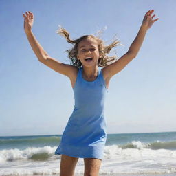 A 10-year old girl expressing joy and excitement on a sunny beach, playing with the surf against a backdrop of clear coastal skies.