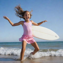 A 10-year old girl expressing joy and excitement on a sunny beach, playing with the surf against a backdrop of clear coastal skies.