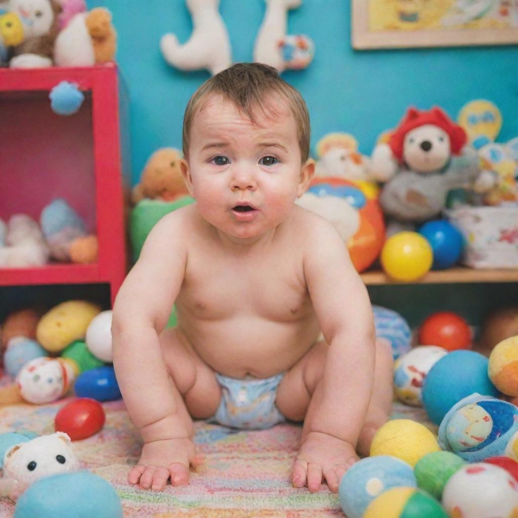 A boy in a brightly coloured room, his cheeks flushed with embarrassment. He is wearing a diaper and looking down with a shy expression, surrounded by toys and kid-stuff.