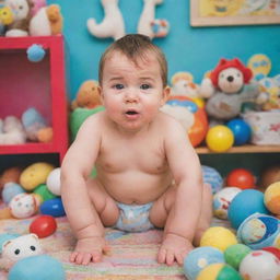 A boy in a brightly coloured room, his cheeks flushed with embarrassment. He is wearing a diaper and looking down with a shy expression, surrounded by toys and kid-stuff.