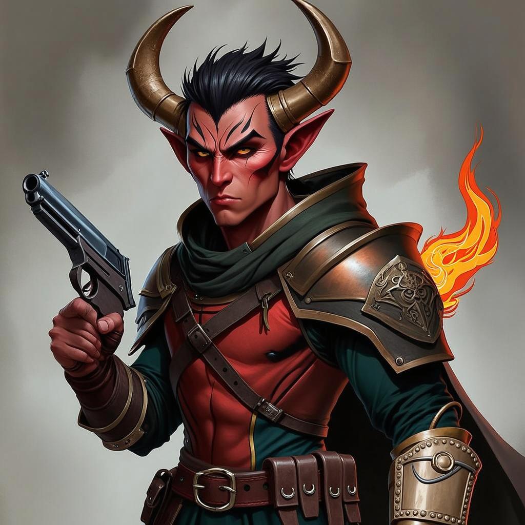 Un tiefling bárbaro llamado Gumong Steamfire, que aparenta 32 años en equivalente de edad humana