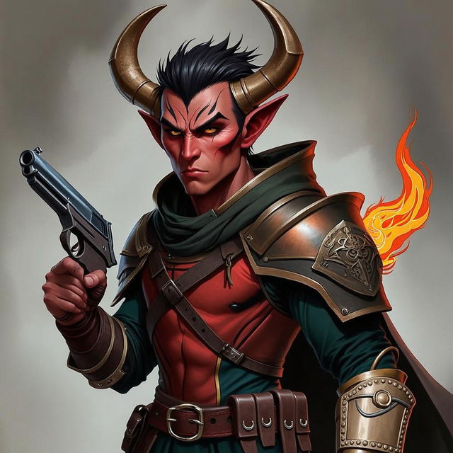 Un tiefling bárbaro llamado Gumong Steamfire, que aparenta 32 años en equivalente de edad humana