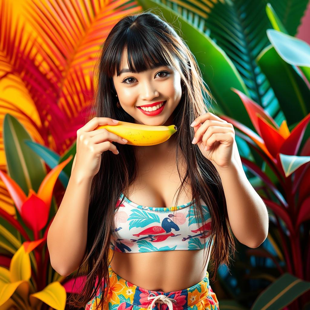 A playful scene featuring a young Asian woman with long hair and a cheerful expression, playfully holding a banana near her mouth while wearing a vibrant, casual outfit