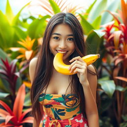 A playful scene featuring a young Asian woman with long hair and a cheerful expression, playfully holding a banana near her mouth while wearing a vibrant, casual outfit