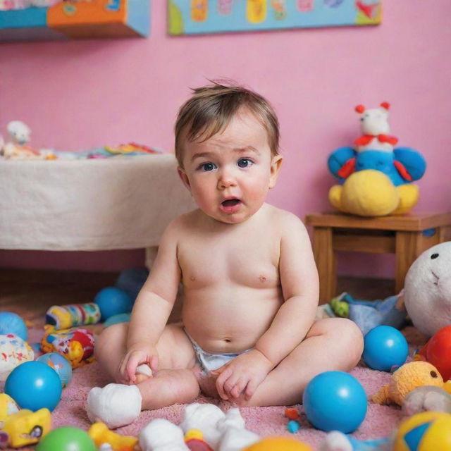 A boy in a brightly coloured room, his cheeks flushed with embarrassment. He is wearing a diaper and looking down with a shy expression, surrounded by toys and kid-stuff.