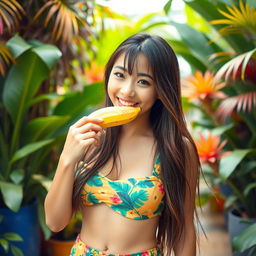 A playful scene featuring a young Asian woman with long hair and a cheerful expression, playfully holding a banana near her mouth while wearing a vibrant, casual outfit