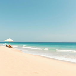 A minimalistic representation of summer vibes featuring a serene beach scene with soft sand, clear blue skies, and gentle waves